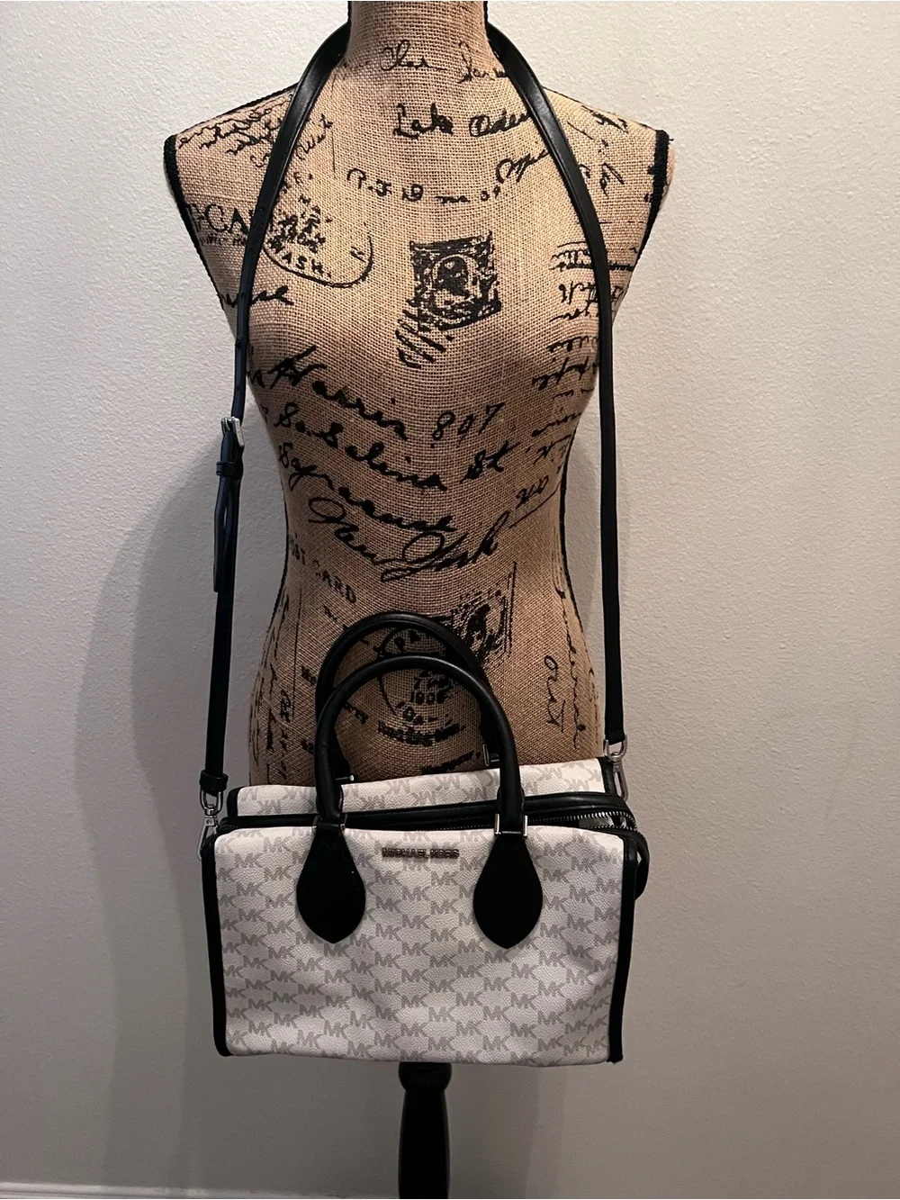 Michael Kors White MK Monogram Satchel with Black Trim